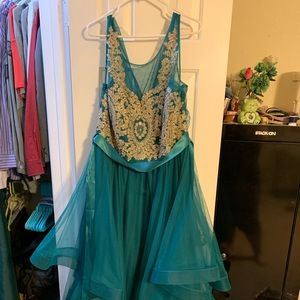 Green and gold formal gown